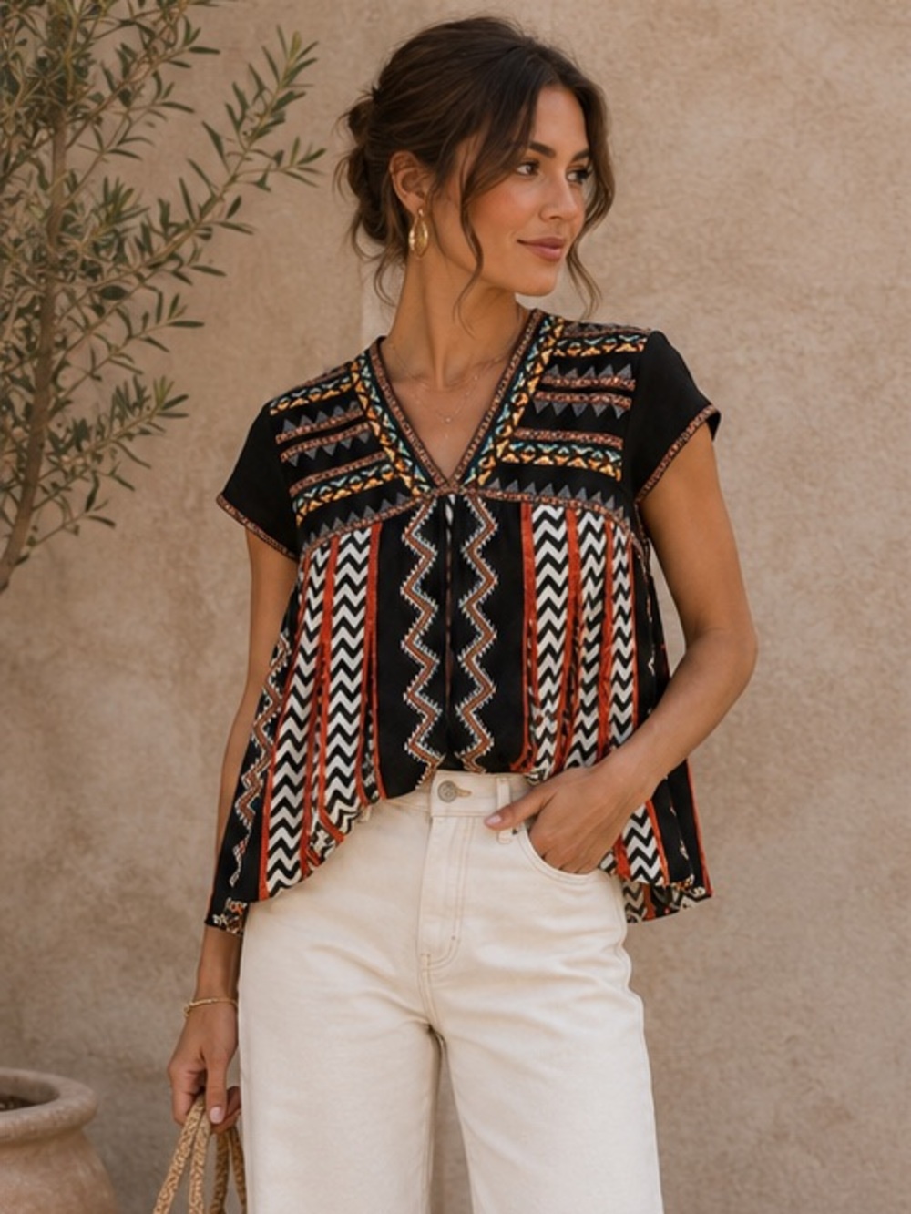 Boho Aztec whimsigoth flowy pleated Ranna Gill Anthropologie Swing top 0
